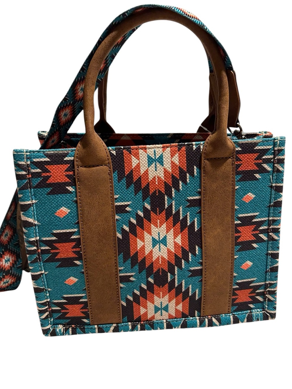 Wrangler Teal Geometric Crossbody Tote with Brown Accents - Picture 2 of 2